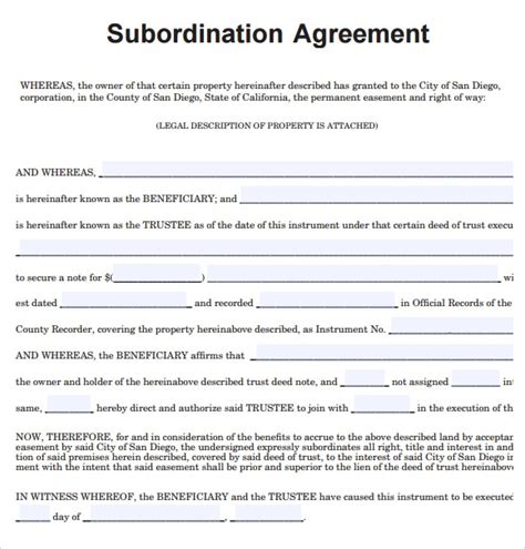 Sample Subordination Agreement Template